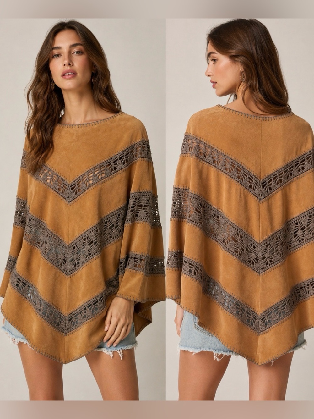 Elizabeth Gillett NYC Suede Lamb Leather Crochet Poncho Cape Tan Brown Boho One